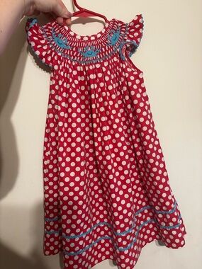 Girls' Red Polka Dot Smocked Dress with Blue Trim